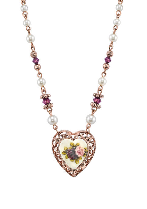 15 Inch Adjustable Rose Gold Tone Faux Pearl Purple Flower Heart Necklace