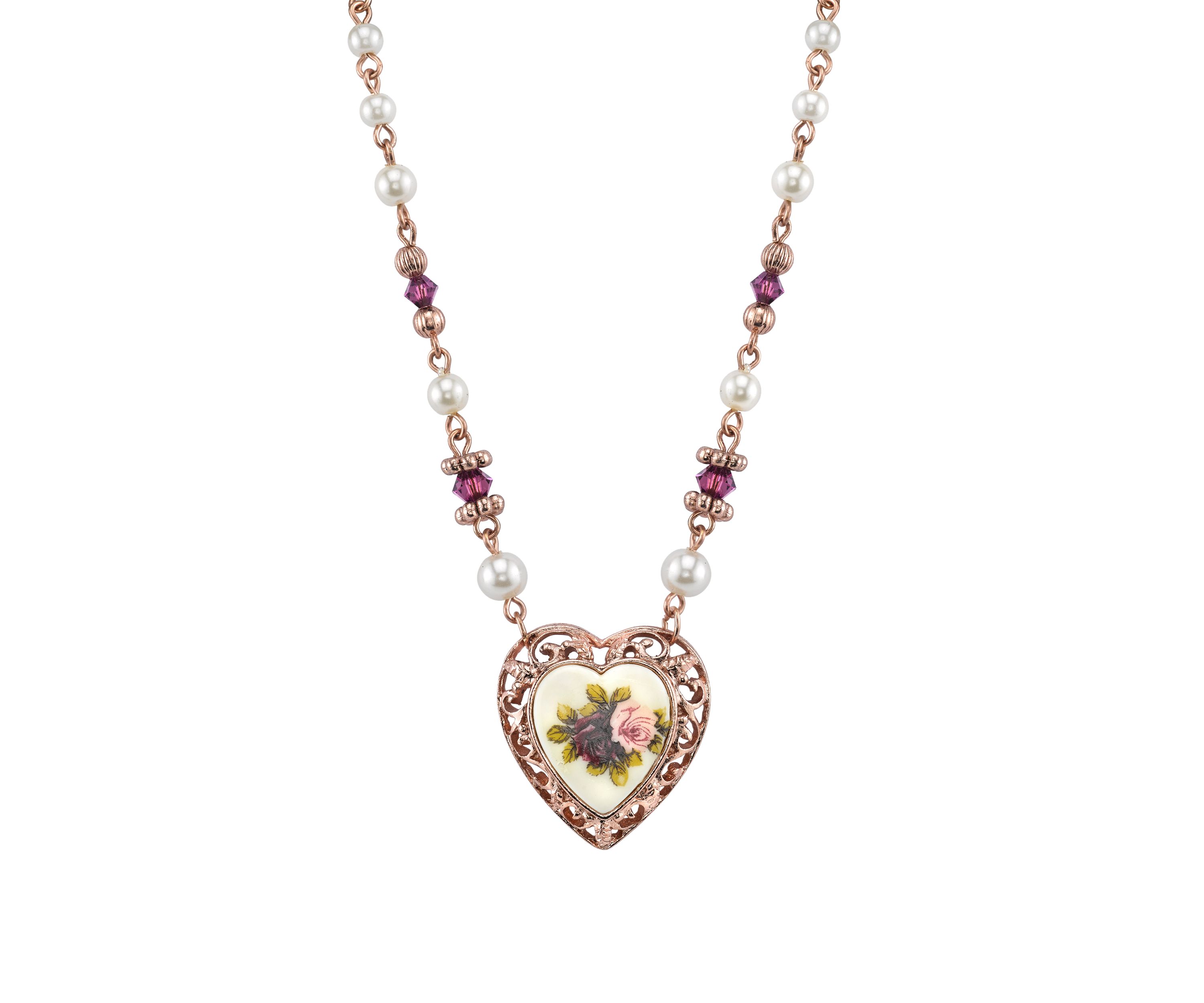 15 Inch Adjustable Rose Gold Tone Faux Pearl Purple Flower Heart Necklace