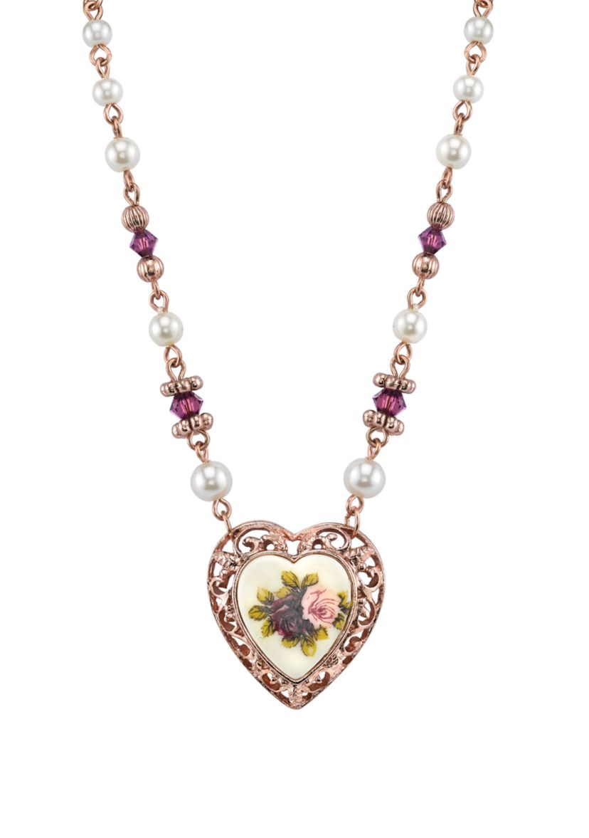 15 Inch Adjustable Rose Gold Tone Faux Pearl Purple Flower Heart Necklace