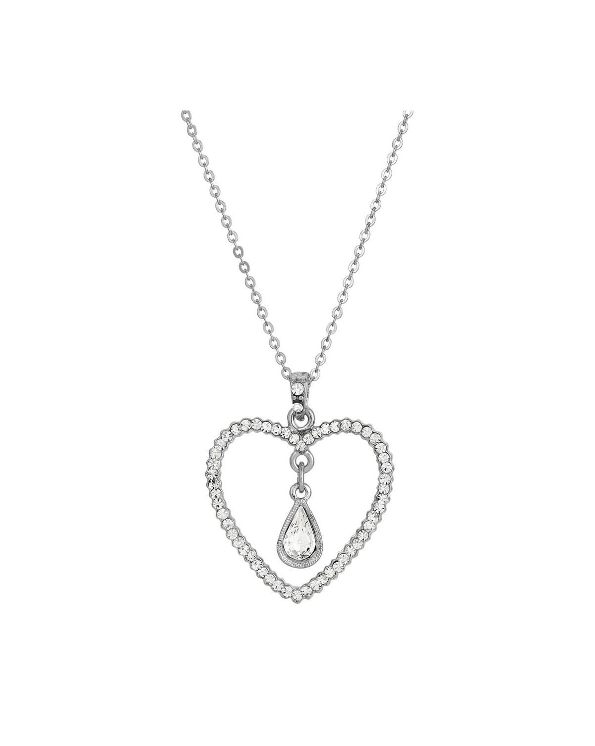 Silver-Tone Crystal Heart & Teardrop Necklace 16"Adj.