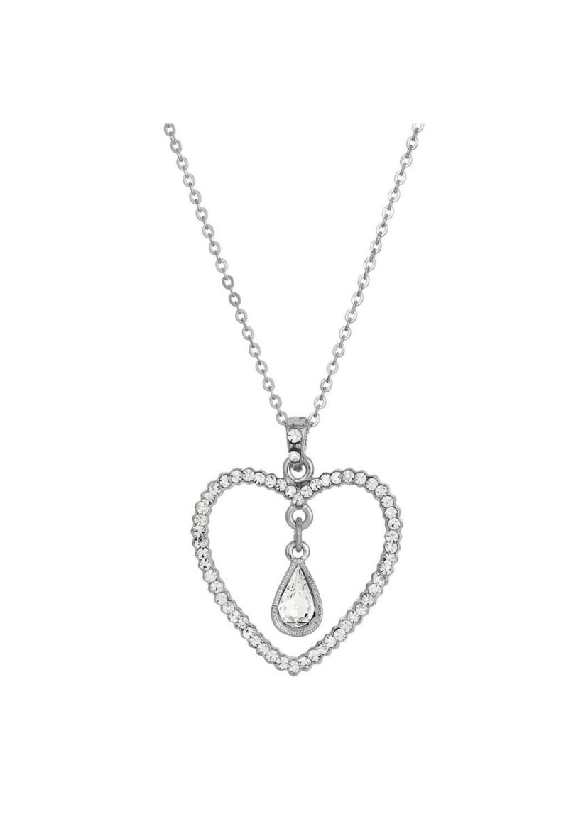Silver-Tone Crystal Heart & Teardrop Necklace 16"Adj.