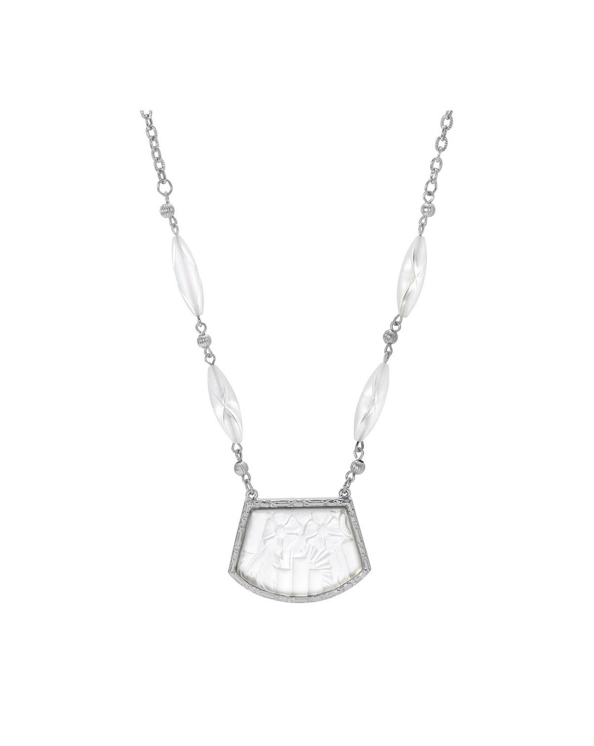 Silver-Tone White Lalique Pendant Necklace 16"Adj.