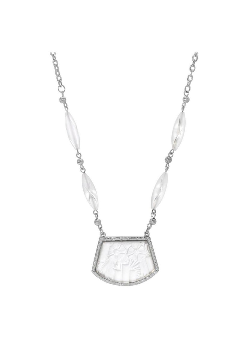 Silver-Tone White Lalique Pendant Necklace 16"Adj.