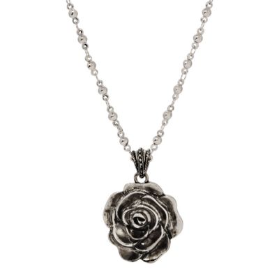 Silver-Tone Blk Enamel Flower Necklace