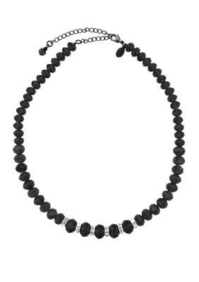 Silver Tone Black Faceted with Crystals Necklace