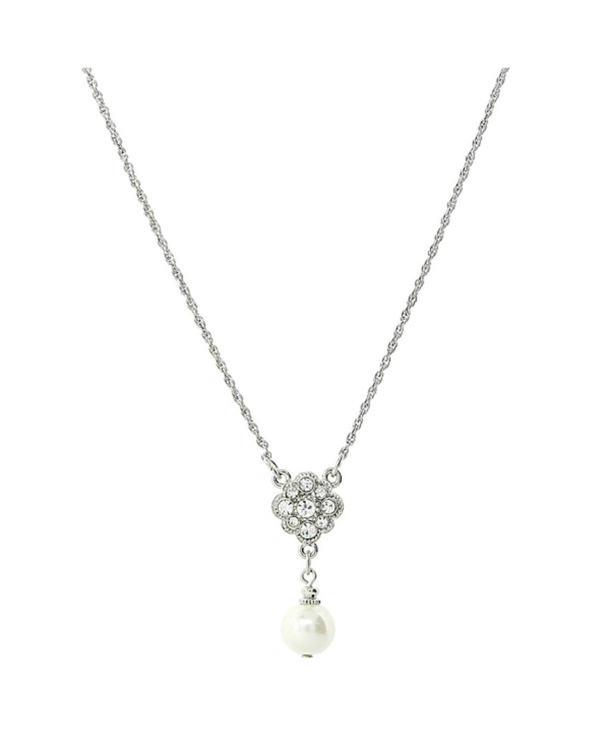 Silver-Tone Faux White Pearl and Crystal 16"ADJ Necklace