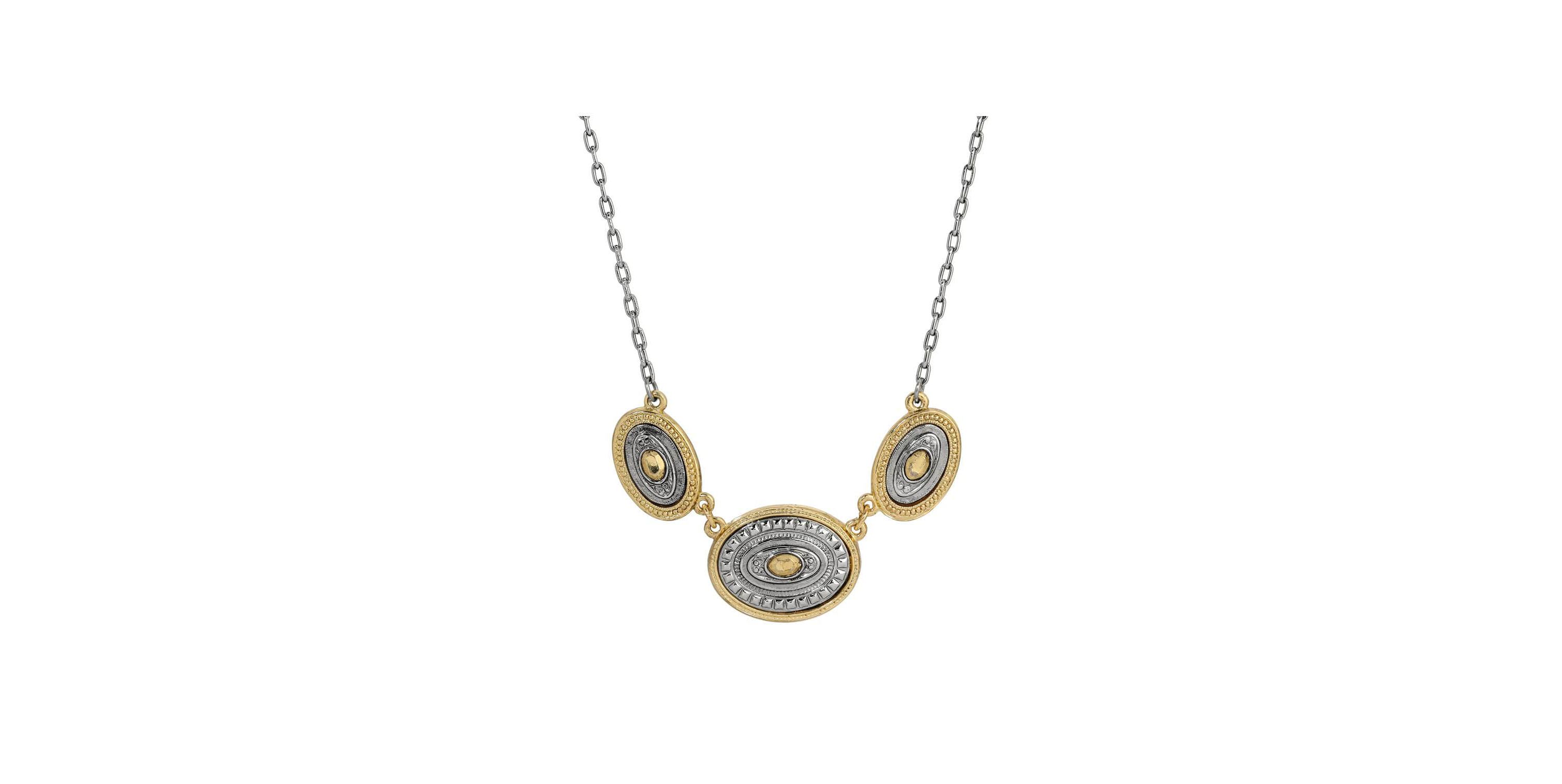 Silver-Tone and Gold-Tone Oval Station Necklace 16" Adj.