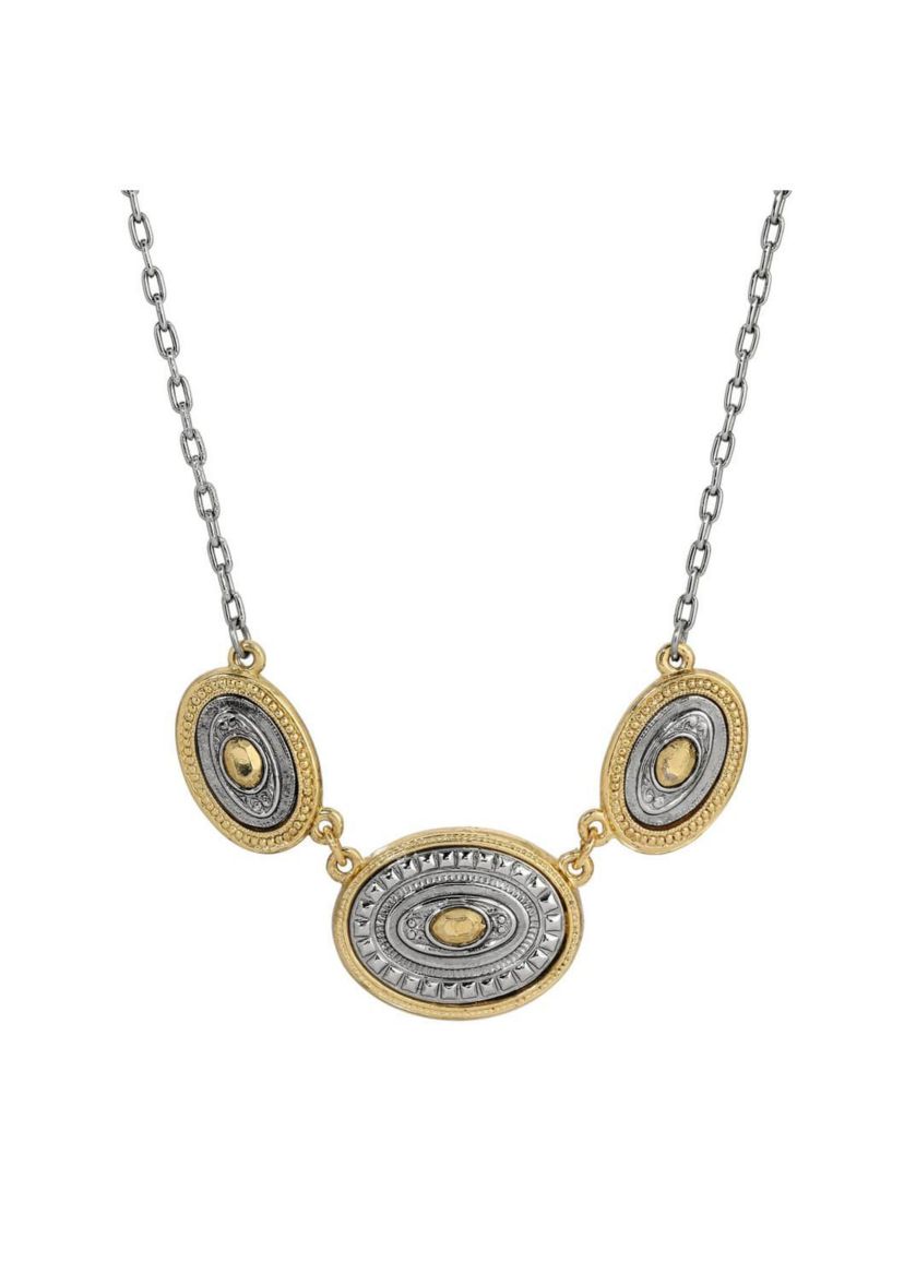 Silver-Tone and Gold-Tone Oval Station Necklace 16" Adj.