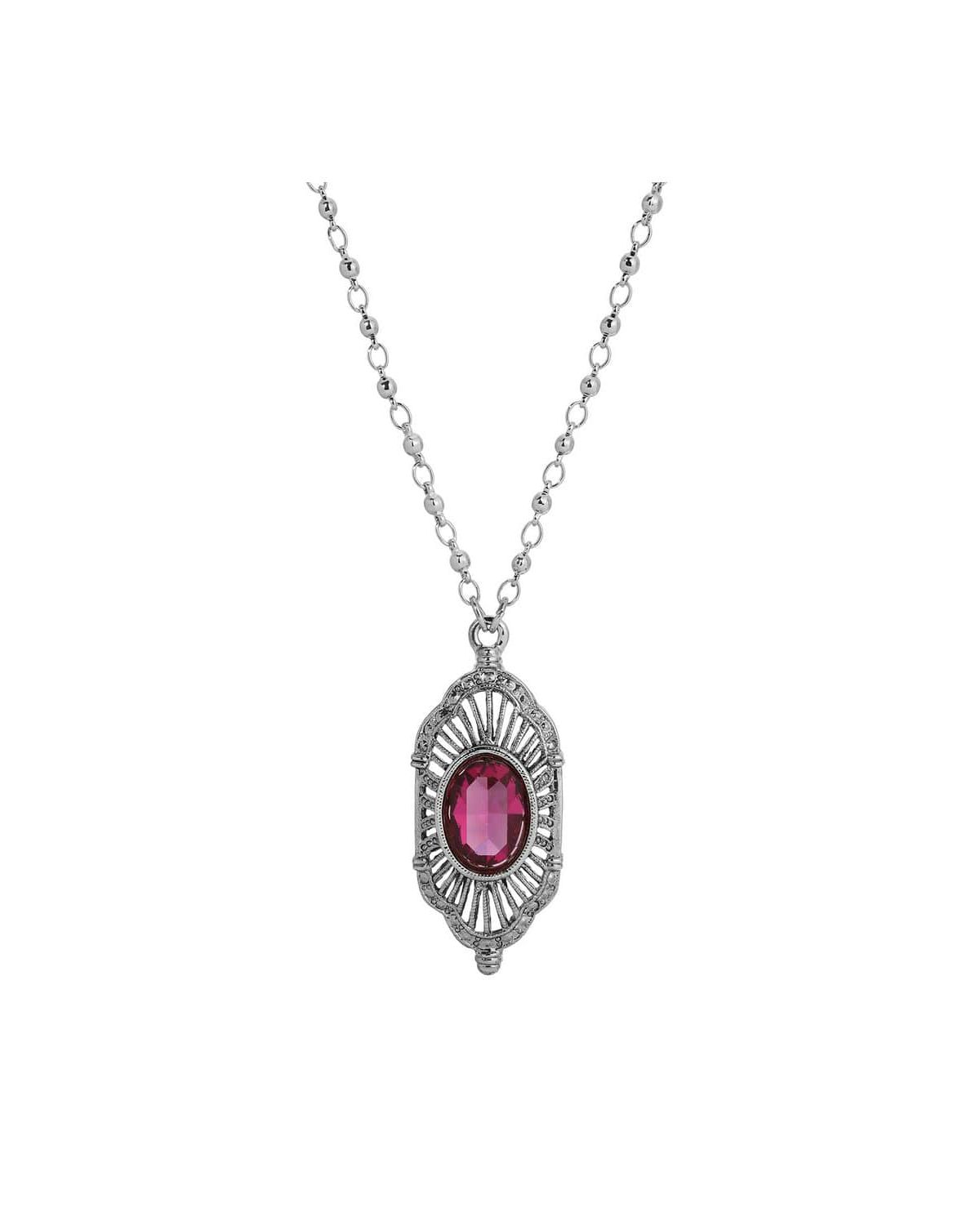Silver-Tone Pink Pendant Necklace 16" Adj.