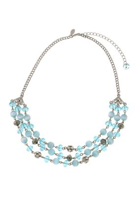 Silver Tone Aqua Cats Eye 3 Row Necklace