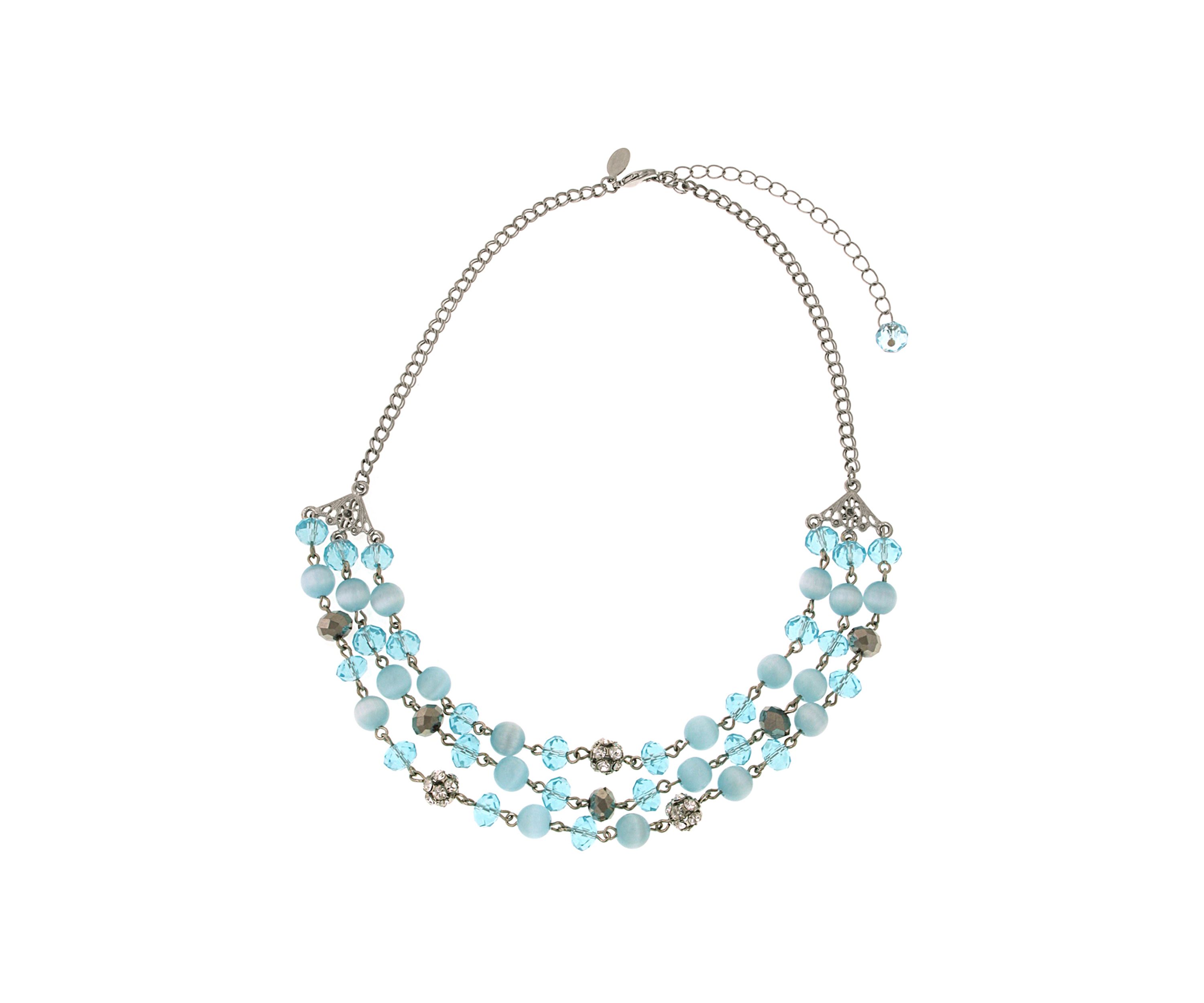 Silver Tone Aqua Cats Eye 3 Row Necklace