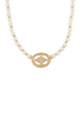 16 Inch Adjustable Gold Tone Faux Pearl and Crystal Pendant Necklace