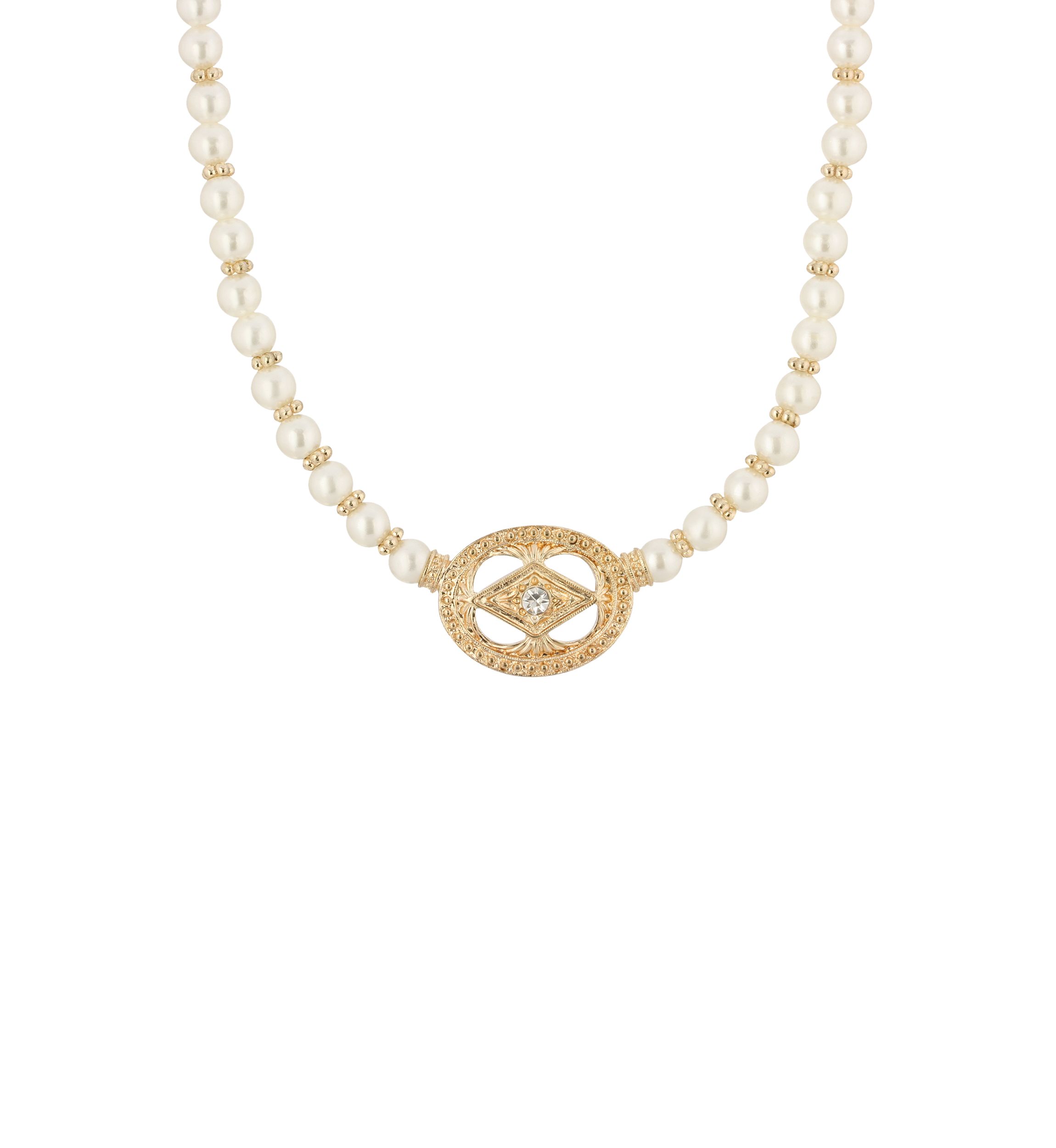 16 Inch Adjustable Gold Tone Faux Pearl and Crystal Pendant Necklace