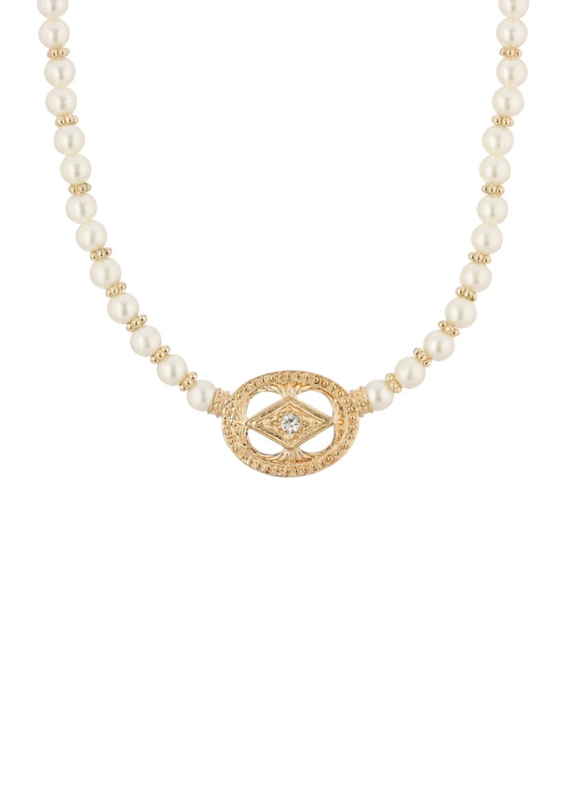 16 Inch Adjustable Gold Tone Faux Pearl and Crystal Pendant Necklace