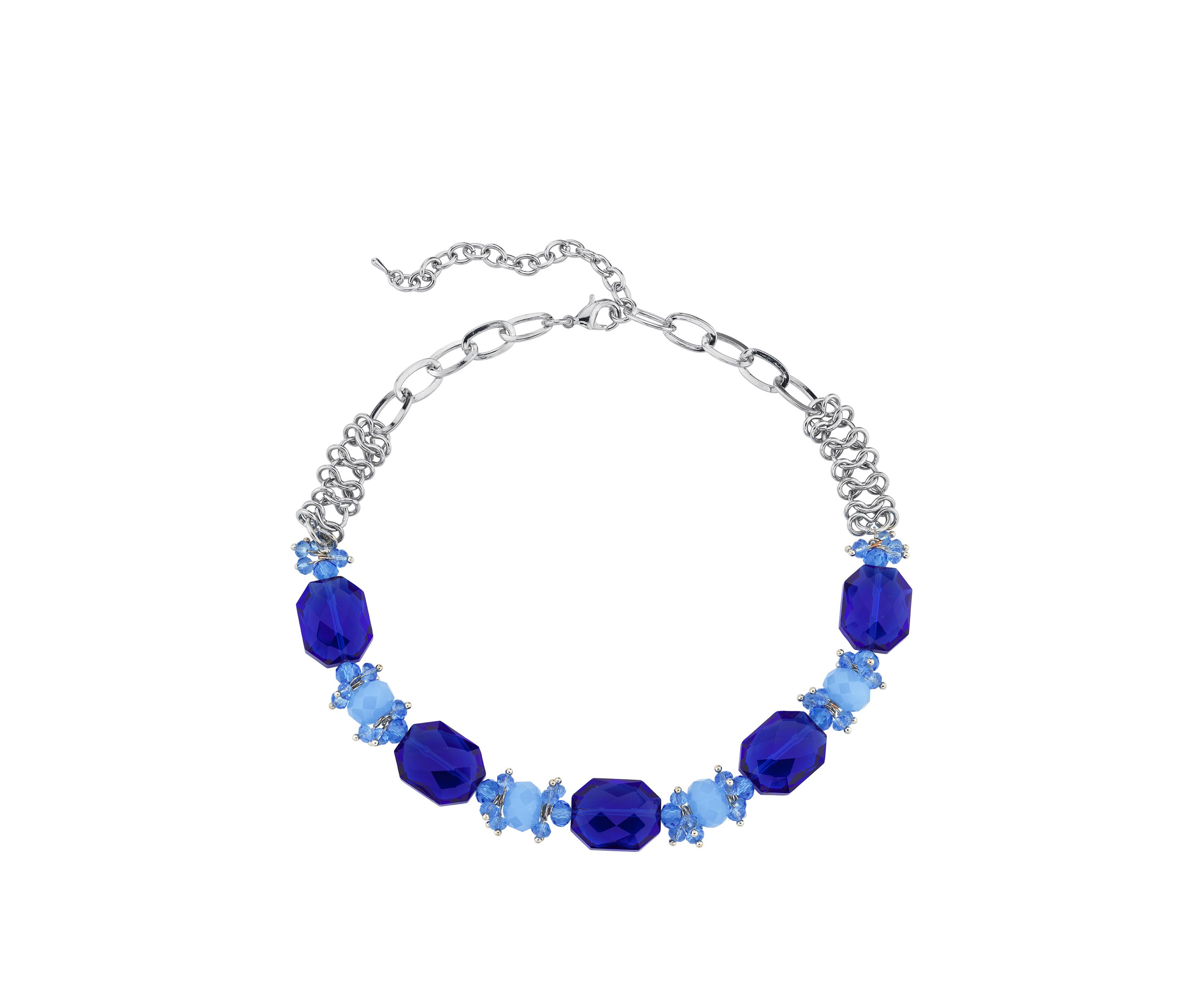 16 Inch Adjustable Silver Tone Bright Blue Beaded Necklace