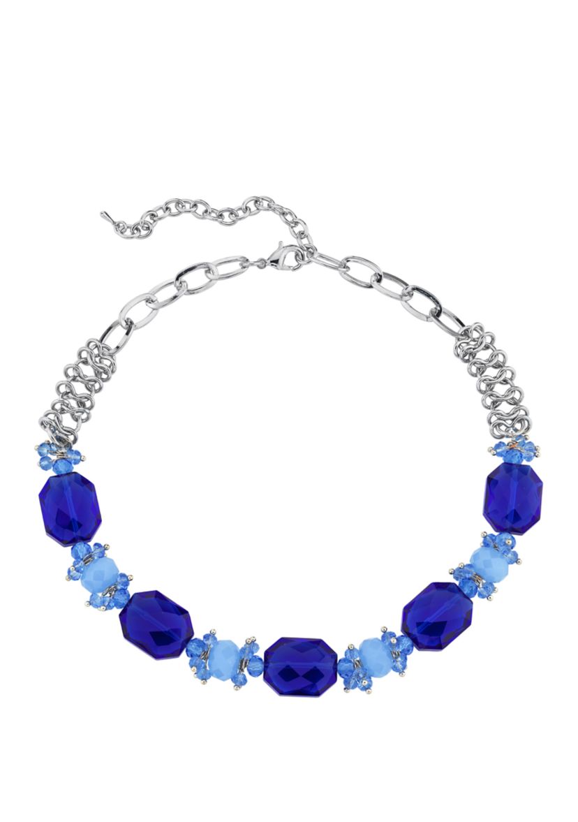 16 Inch Adjustable Silver Tone Bright Blue Beaded Necklace