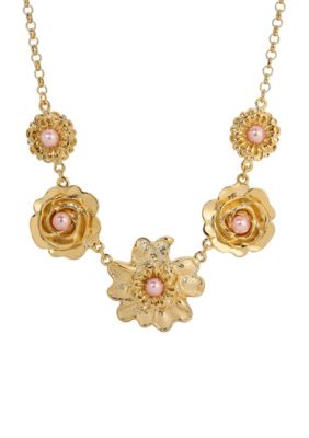 1928 Jewelry Gold-Tone Pink Faux Pearl Flower Collar Necklace 16"Adj