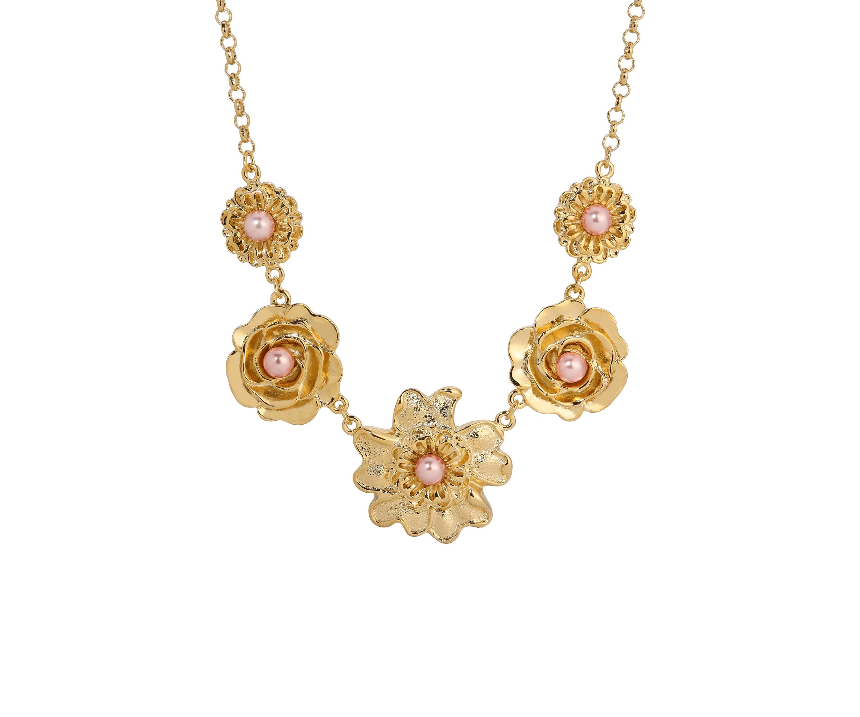 Gold-Tone Pink Faux Pearl Flower Collar Necklace 16"Adj.