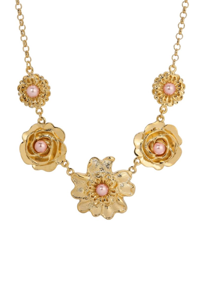 Gold-Tone Pink Faux Pearl Flower Collar Necklace 16"Adj.