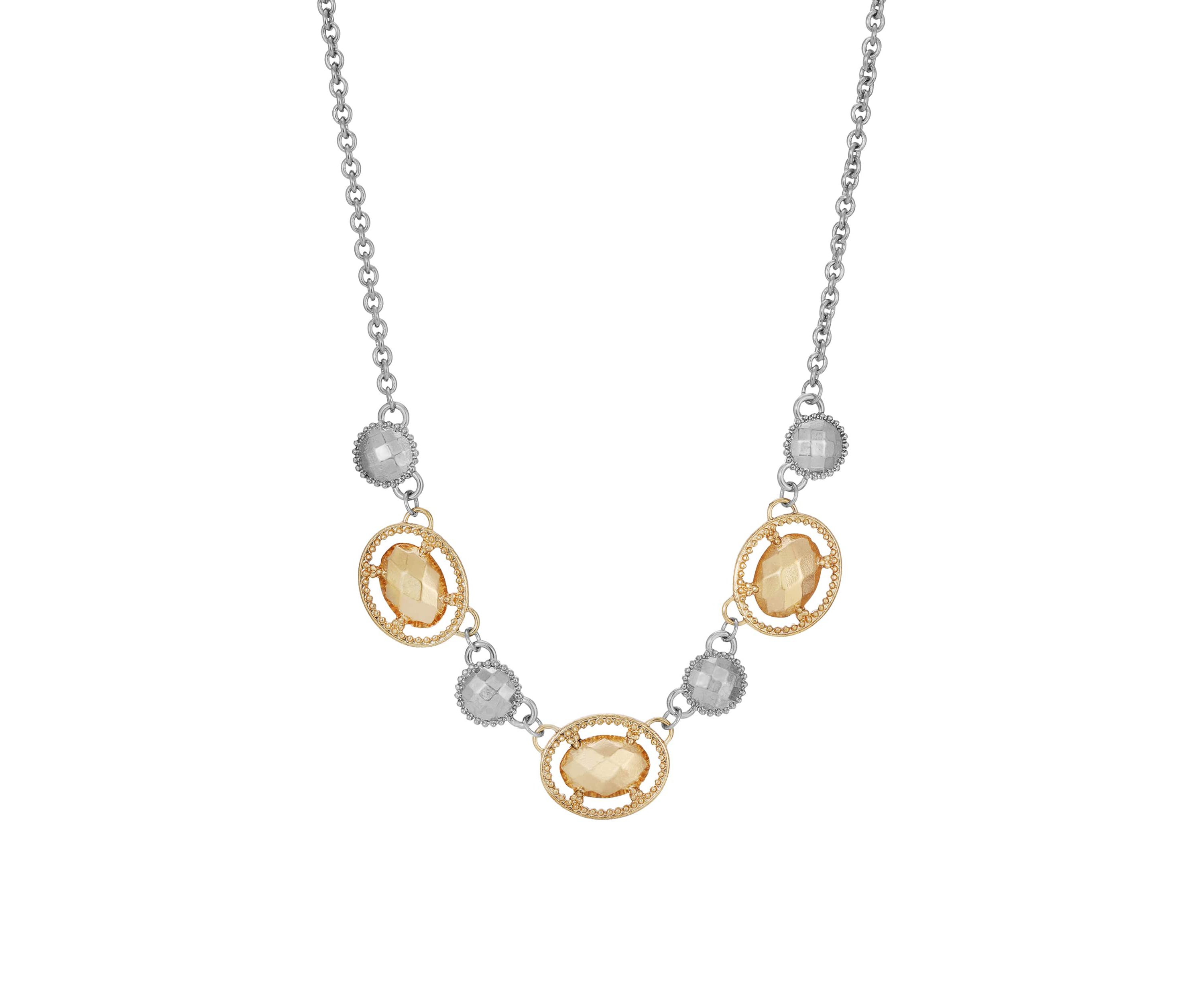 Silver and Gold-Tone Faceted Oval Collar Necklace 16" Adj.