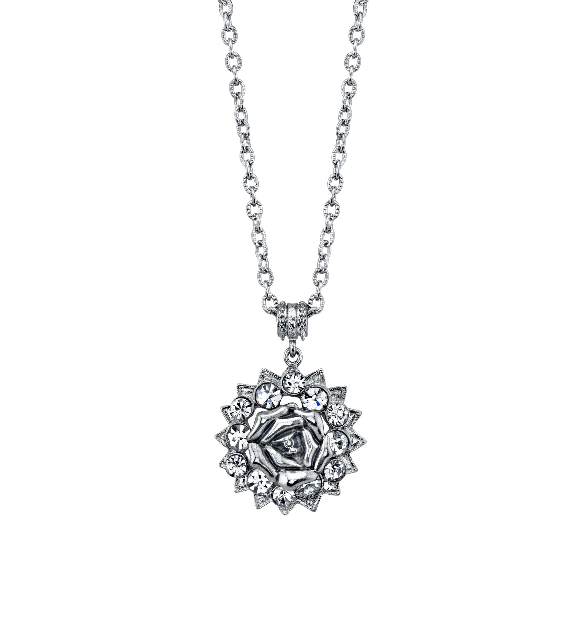 Silver-Tone Crystal Flower Pendant Necklace 16" Adj.