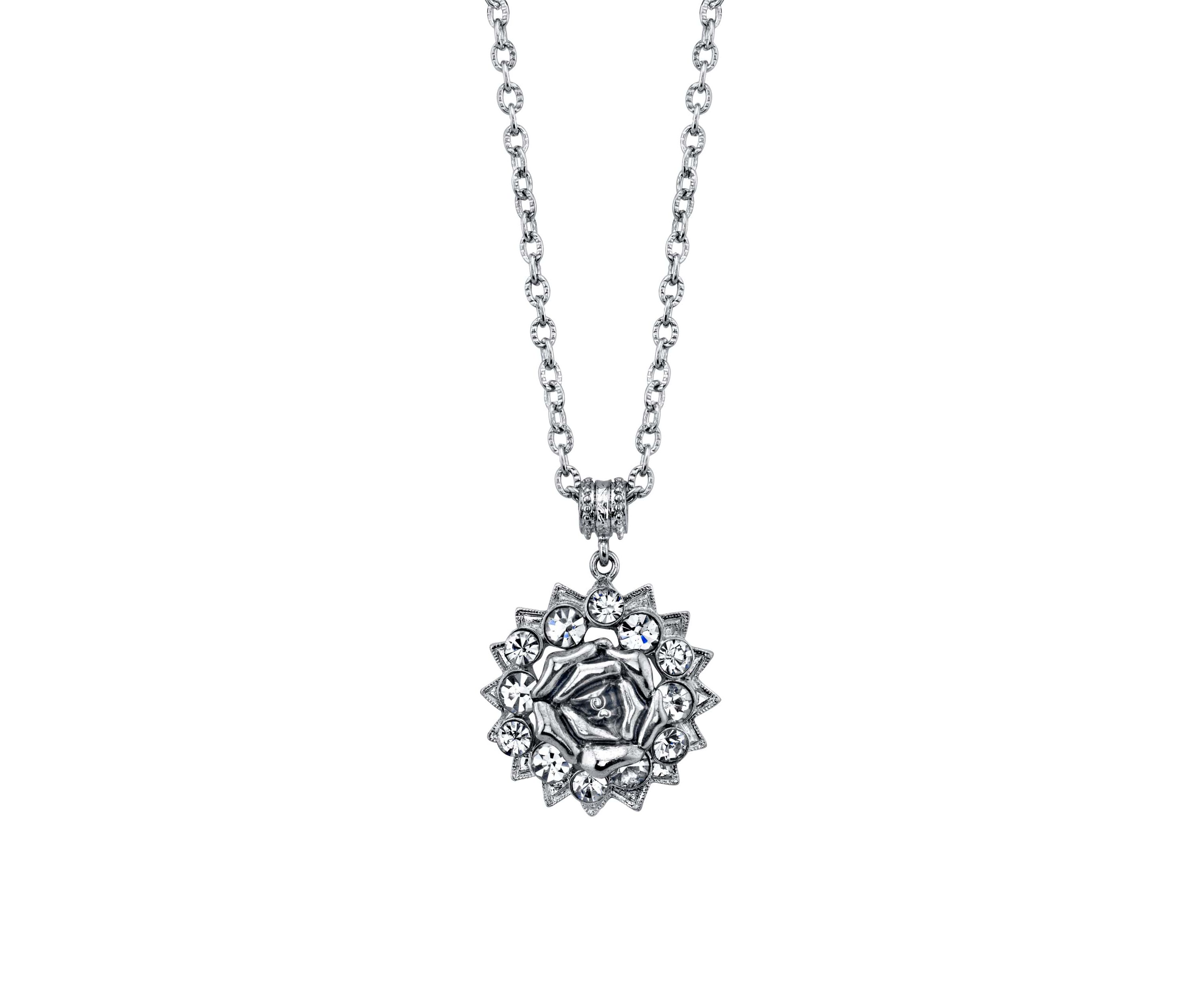 Silver-Tone Crystal Flower Pendant Necklace 16" Adj.