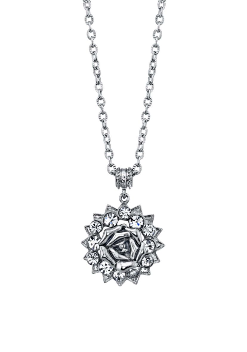 Silver-Tone Crystal Flower Pendant Necklace 16" Adj.