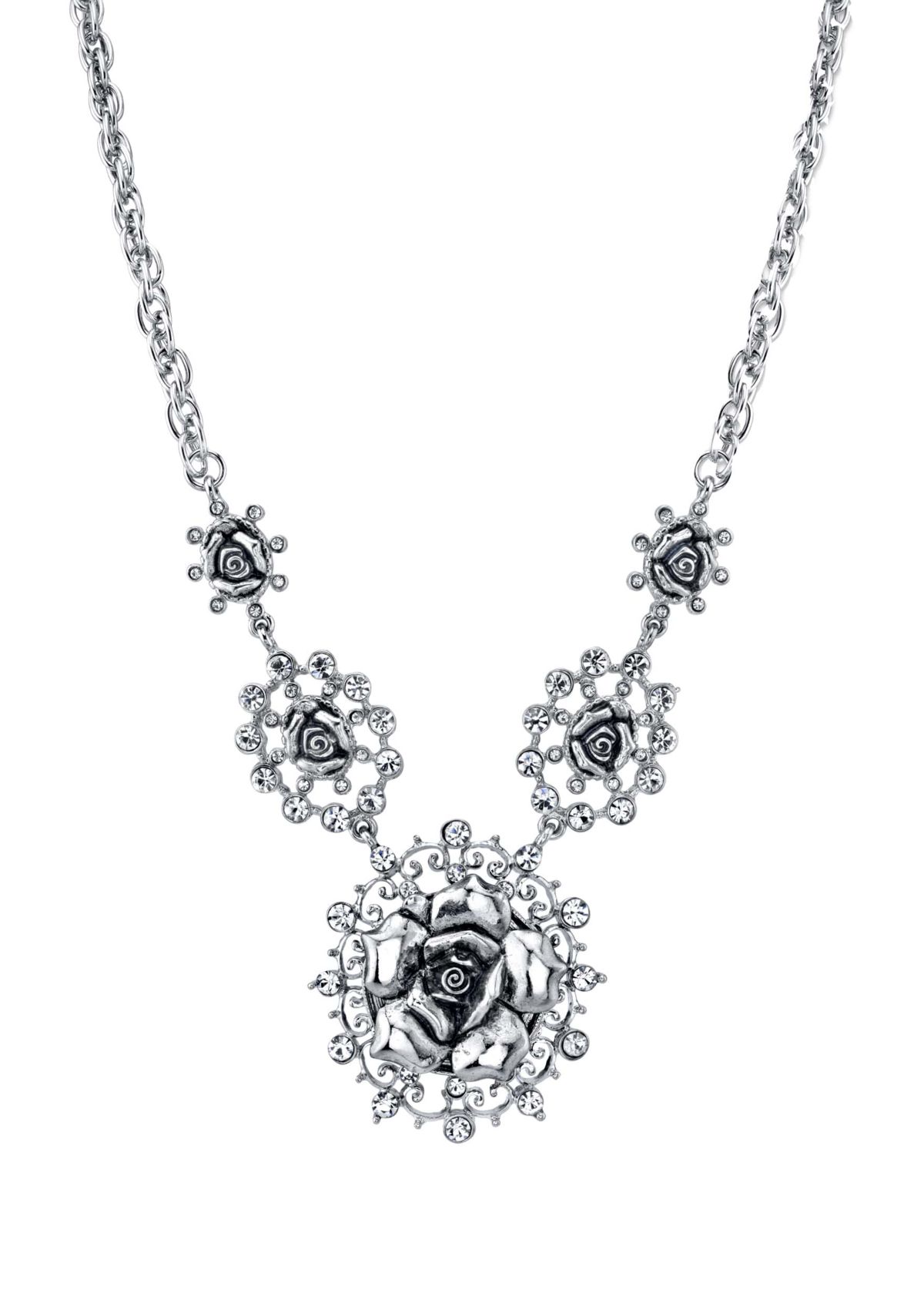 Silver-Tone Crystal Multi Flower Drop Necklace 16"Adj.