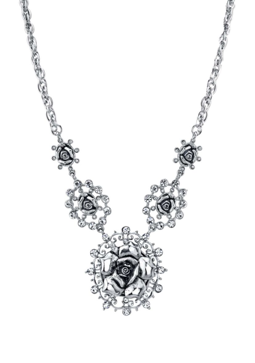 Silver-Tone Crystal Multi Flower Drop Necklace 16"Adj.