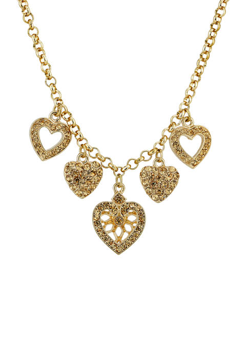 16 Inch Adjustable Gold Tone Light Brown Heart Charm Necklace