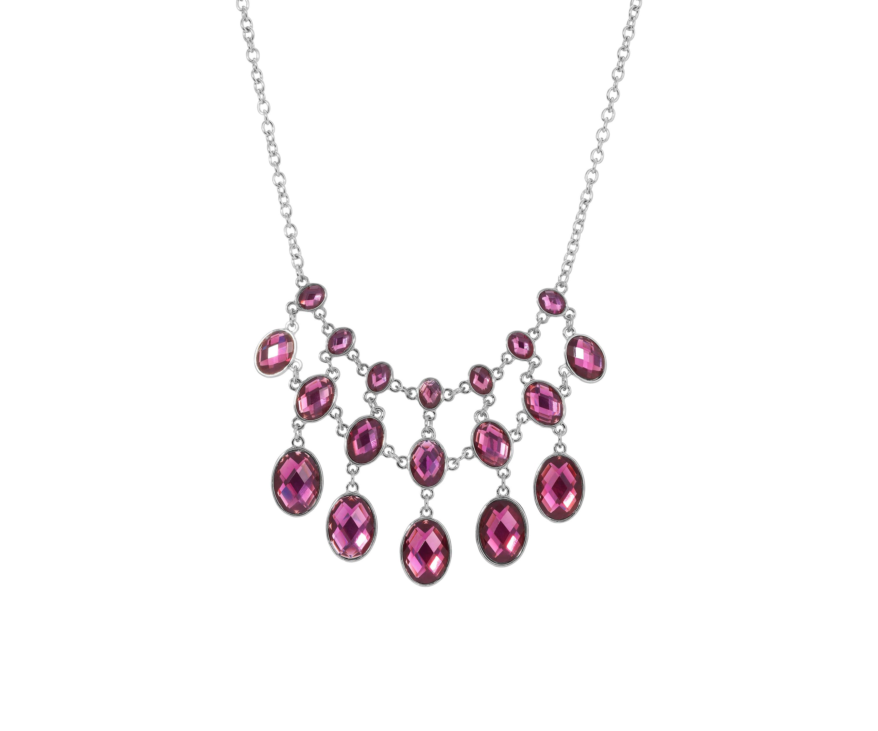 Silver-Tone Purple Faceted Stone Bib Necklace 16" Adj.