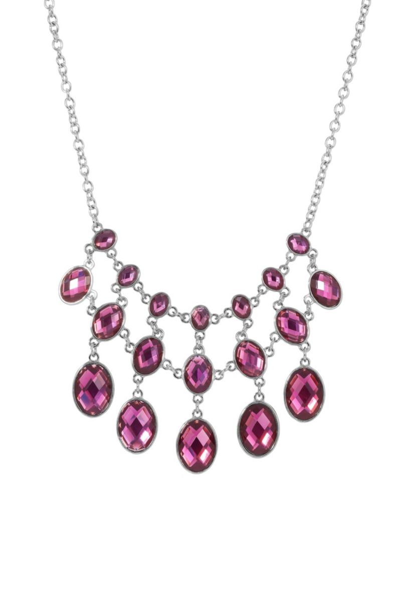 Silver-Tone Purple Faceted Stone Bib Necklace 16" Adj.