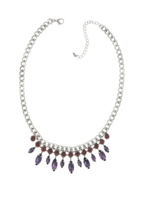 Silver Tone Light Amethyst Crystal and Purple Navette Necklace