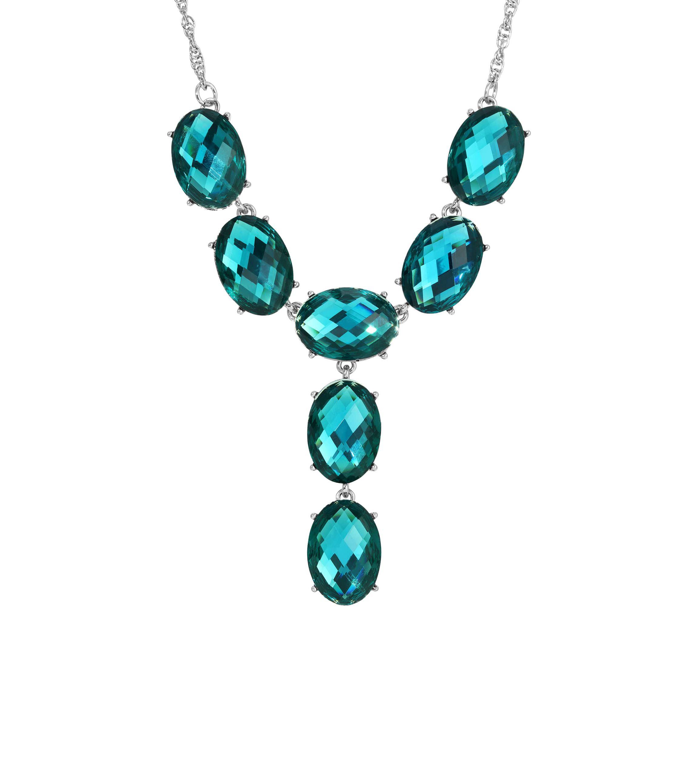 Silver-Tone Blue Oval Faceted Y-Neck Drop Necklace 15"Adj.
