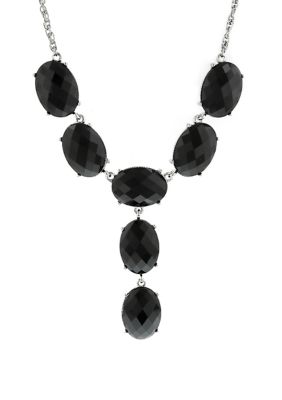 Silver Tone Black Oval Y Necklace