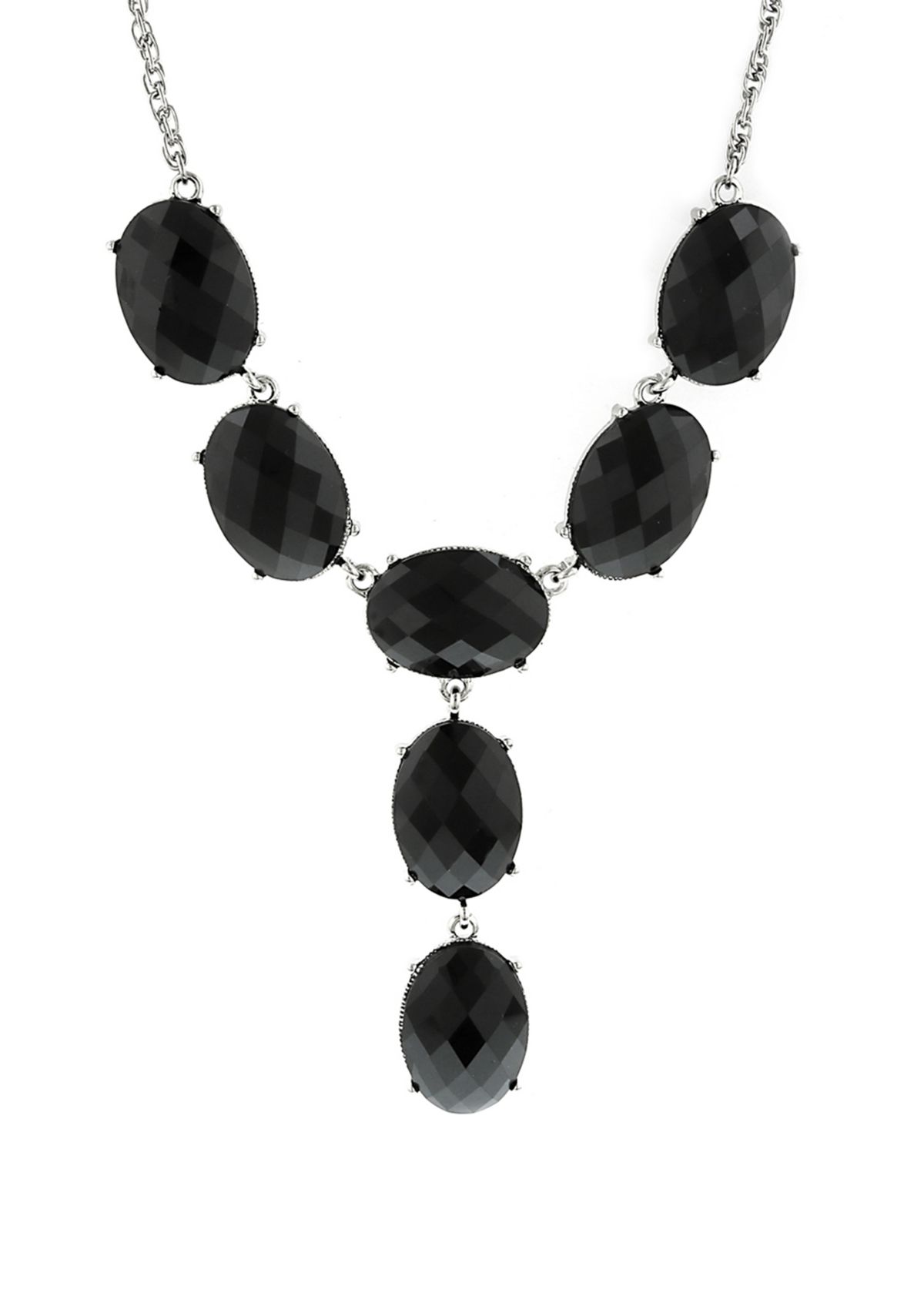 Silver Tone Black Oval Y Necklace