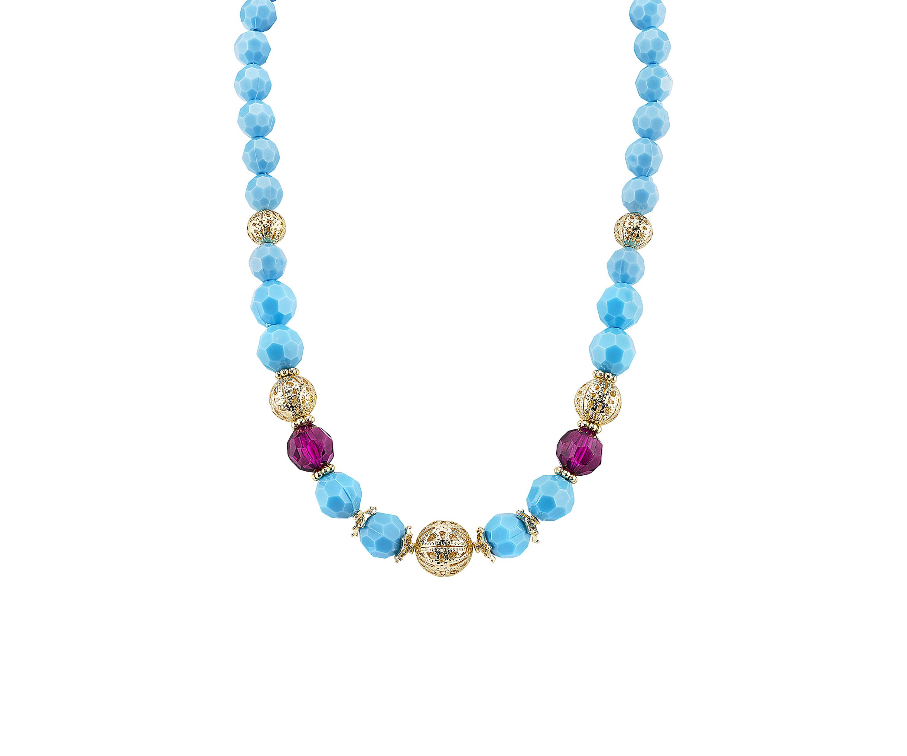 Gold-Tone Turquoise Color and Purple Beaded Strand Necklace 16"Adj.