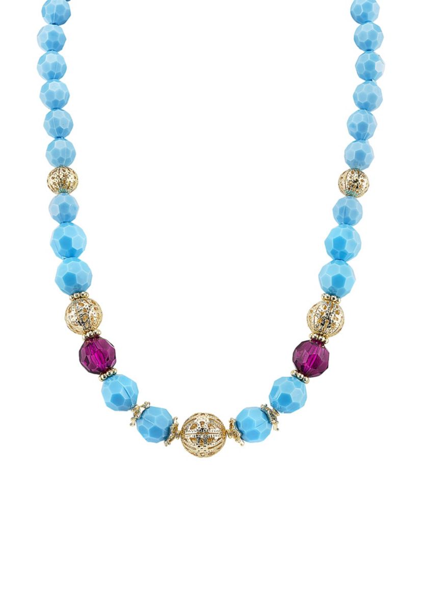 Gold-Tone Turquoise Color and Purple Beaded Strand Necklace 16"Adj.