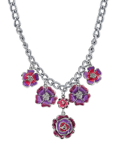 Silver Tone Purple and Pink Enamel Flower Necklace