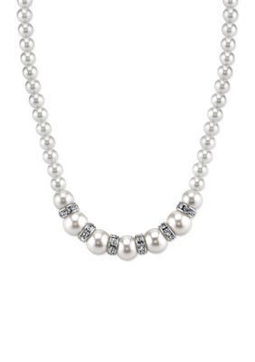Silver-Tone White Graduated Simulated Pearl and Crystal Necklace