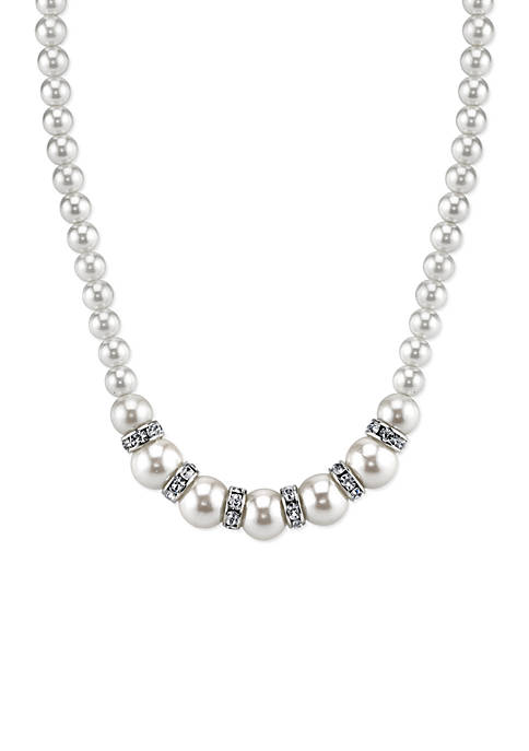 Silver-Tone White Graduated Simulated Pearl and Crystal Necklace