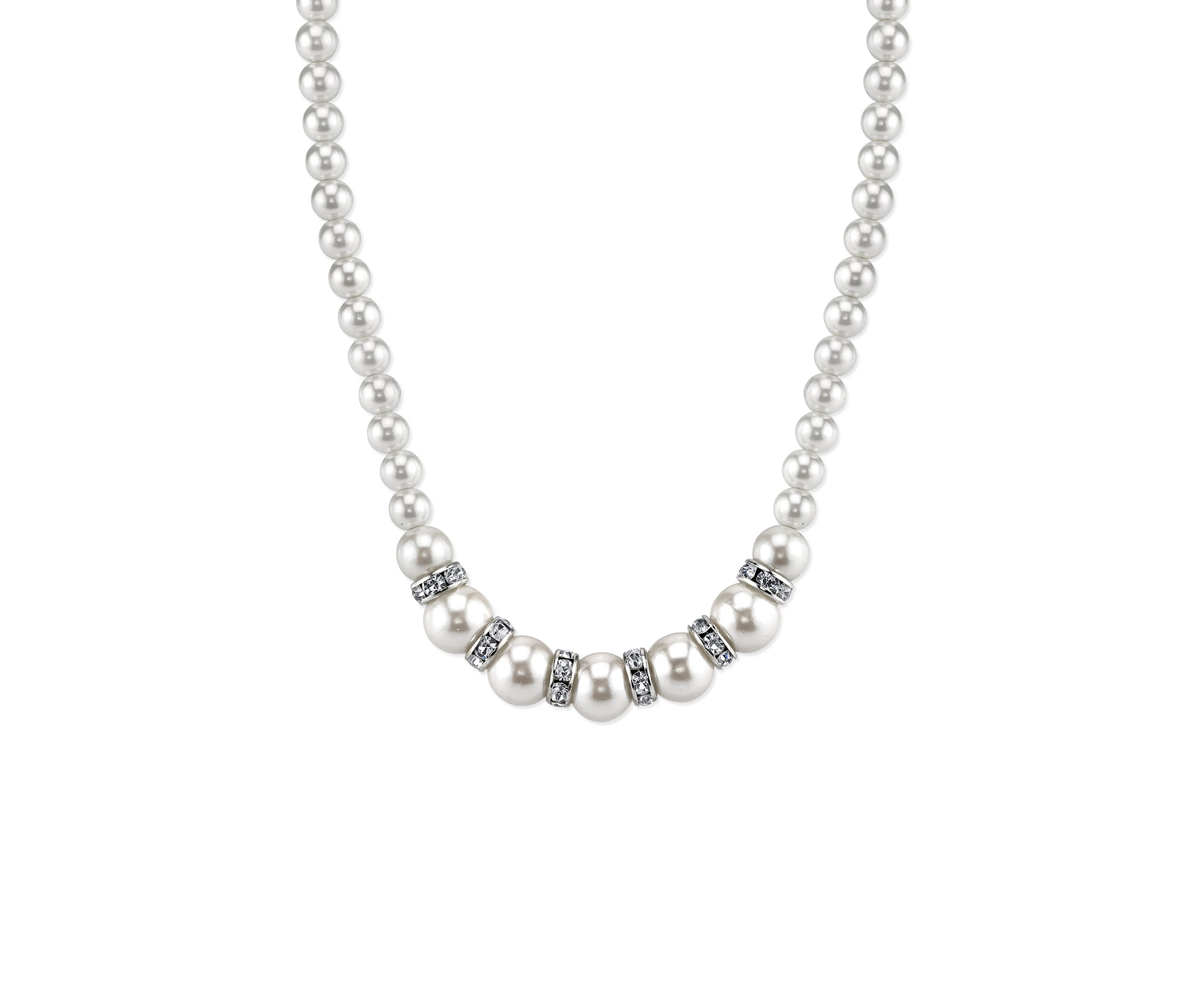 Silver-Tone White Graduated Simulated Pearl and Crystal Necklace