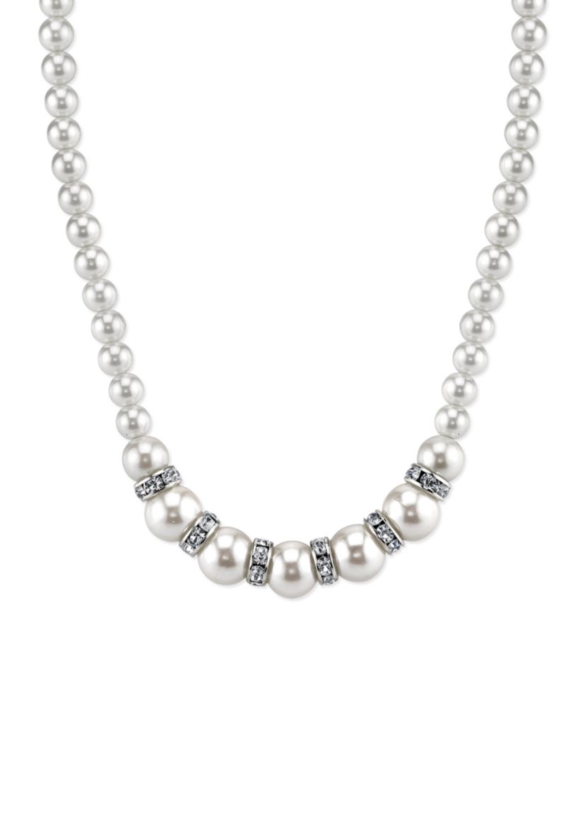 Silver-Tone White Graduated Simulated Pearl and Crystal Necklace