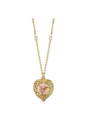 1928 Jewelry Gold-Tone Pink Crystal Heart and Pink Porcelain Rose Filigree Necklace 16" Adj