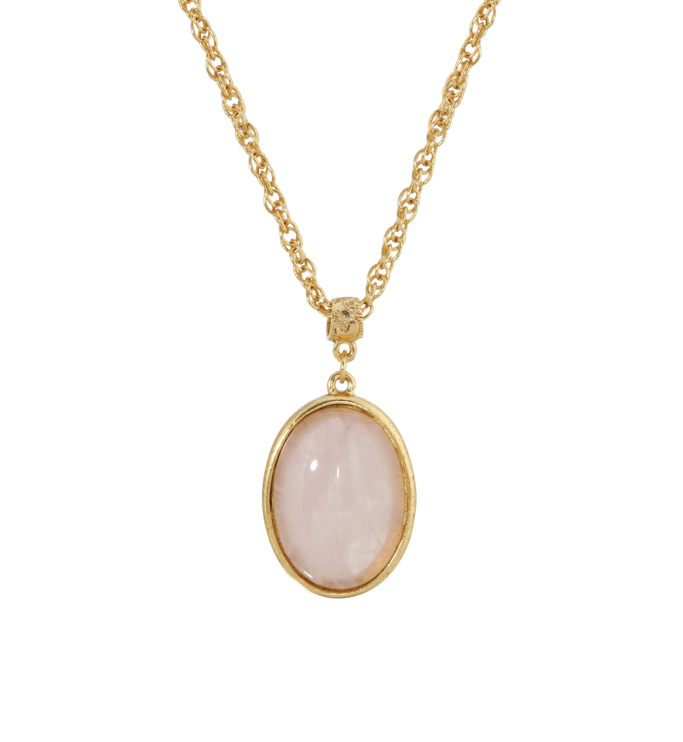 16 Inch Adjustable Gold-Tone Rose Quartz Pink Oval Pendant Necklace