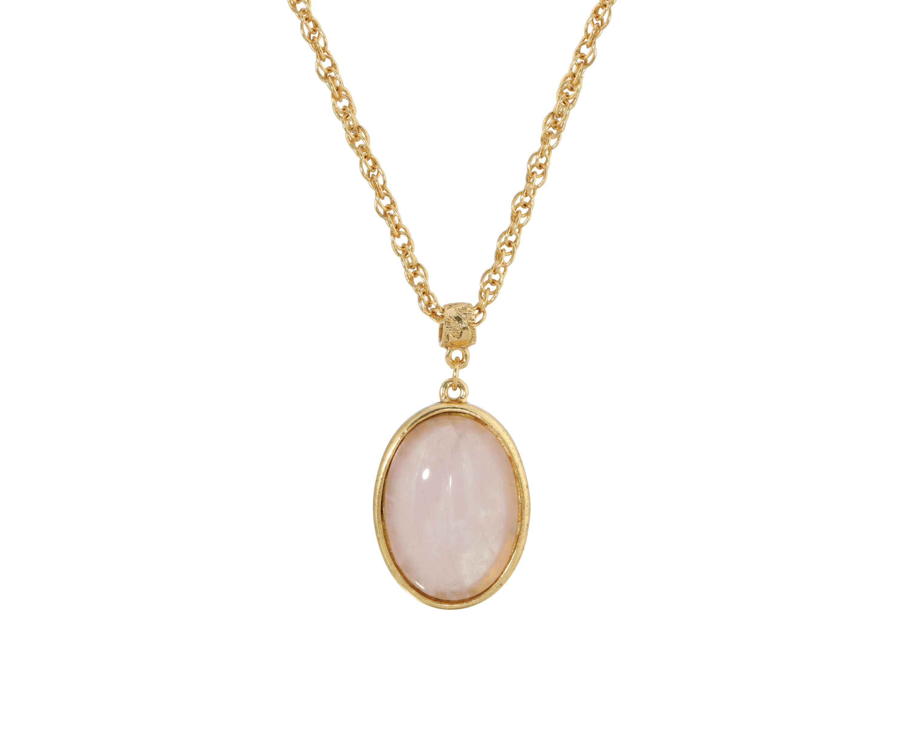 16 Inch Adjustable Gold-Tone Rose Quartz Pink Oval Pendant Necklace