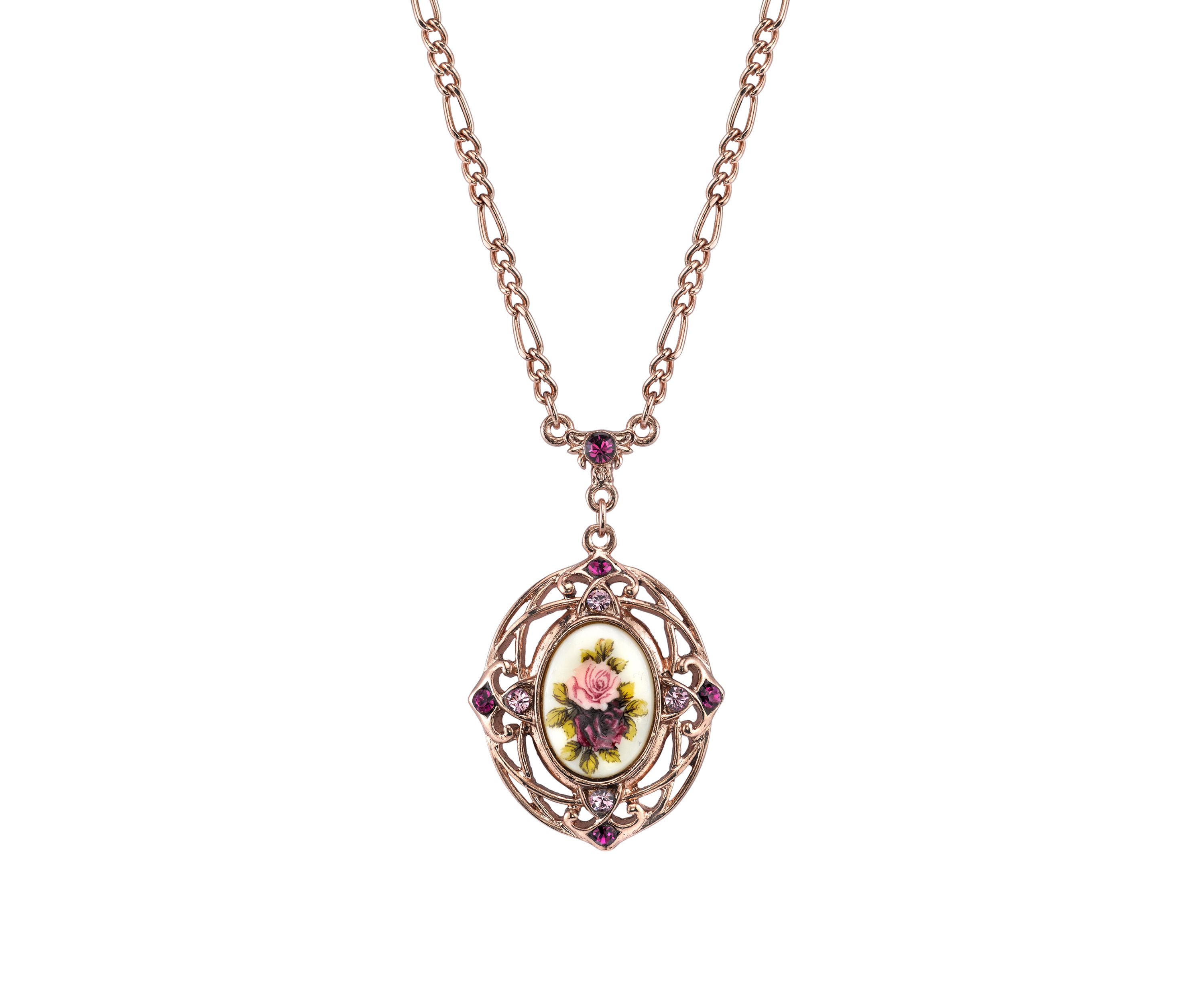 28 Inch Rose Gold Tone Purple Crystal Flower Pendant Necklace