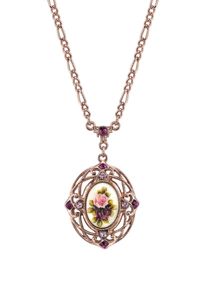 28 Inch Rose Gold Tone Purple Crystal Flower Pendant Necklace