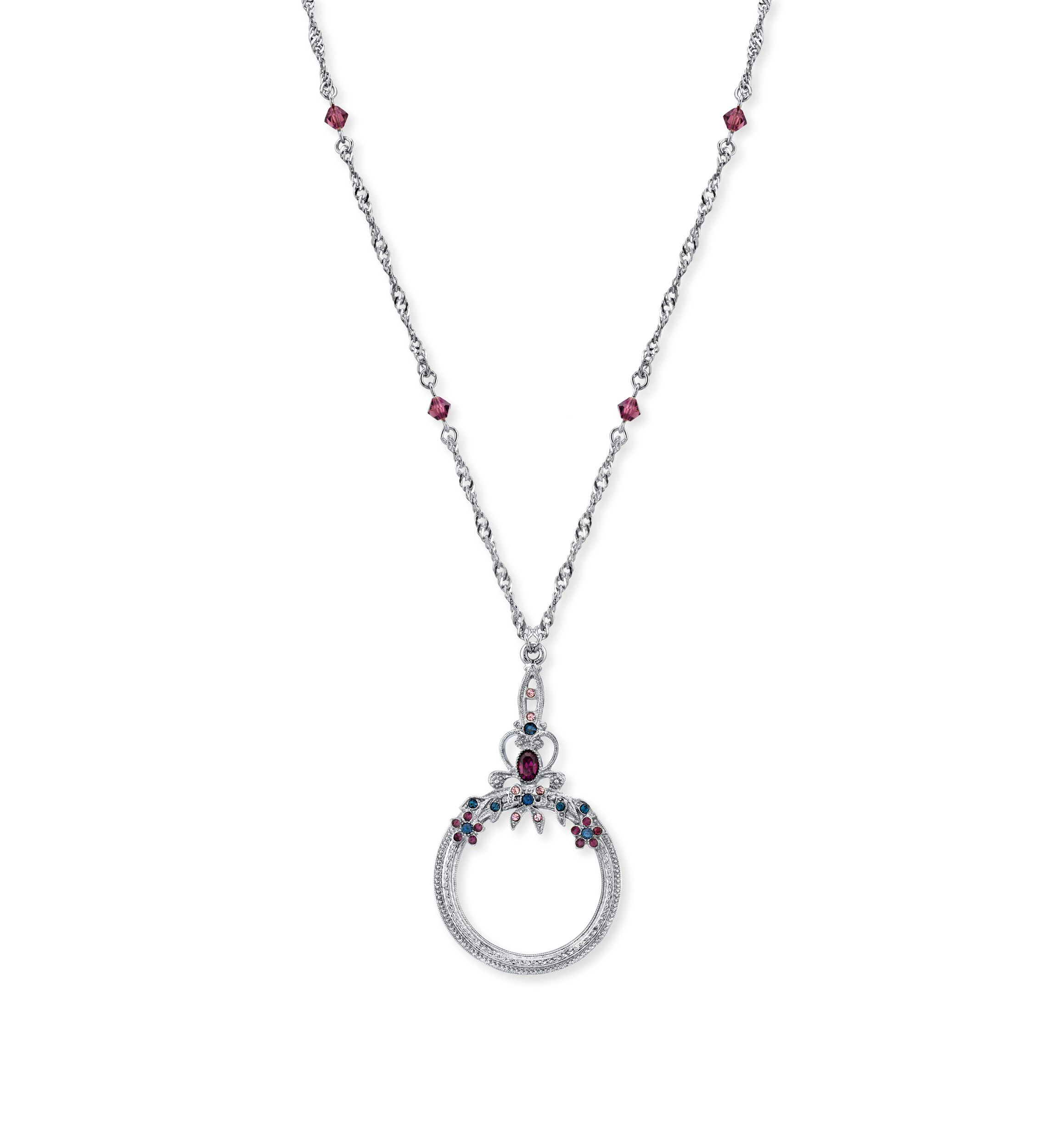 Silver-Tone Blue Purple Crystal Magnifying Glass Necklace 