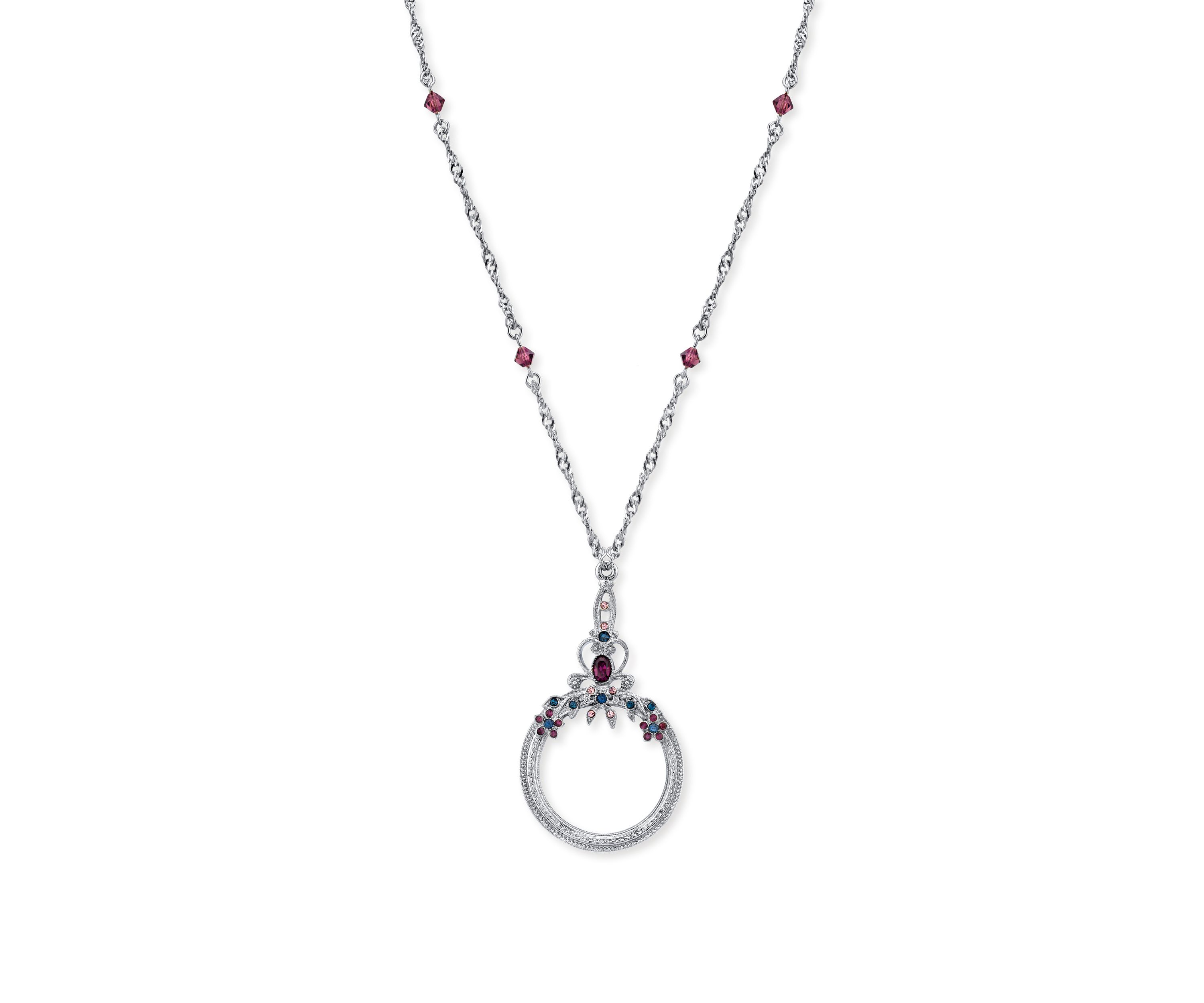 Silver-Tone Blue Purple Crystal Magnifying Glass Necklace 
